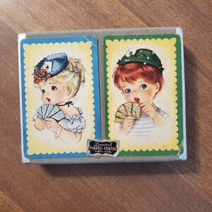 Vintage Duratone Plastic Coated Playing Cards Little Girls 2 Decks And Case